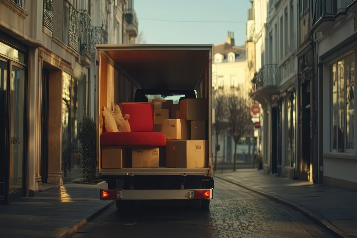 A truck loaded with furniture and boxes representing a relocation and moving process