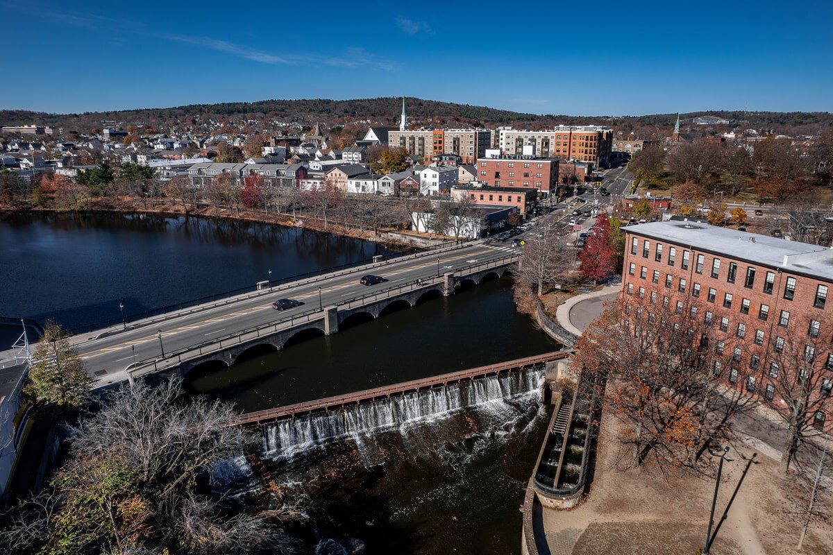 Aerial view of Waltham Massachusetts and the Charles River in late autumn