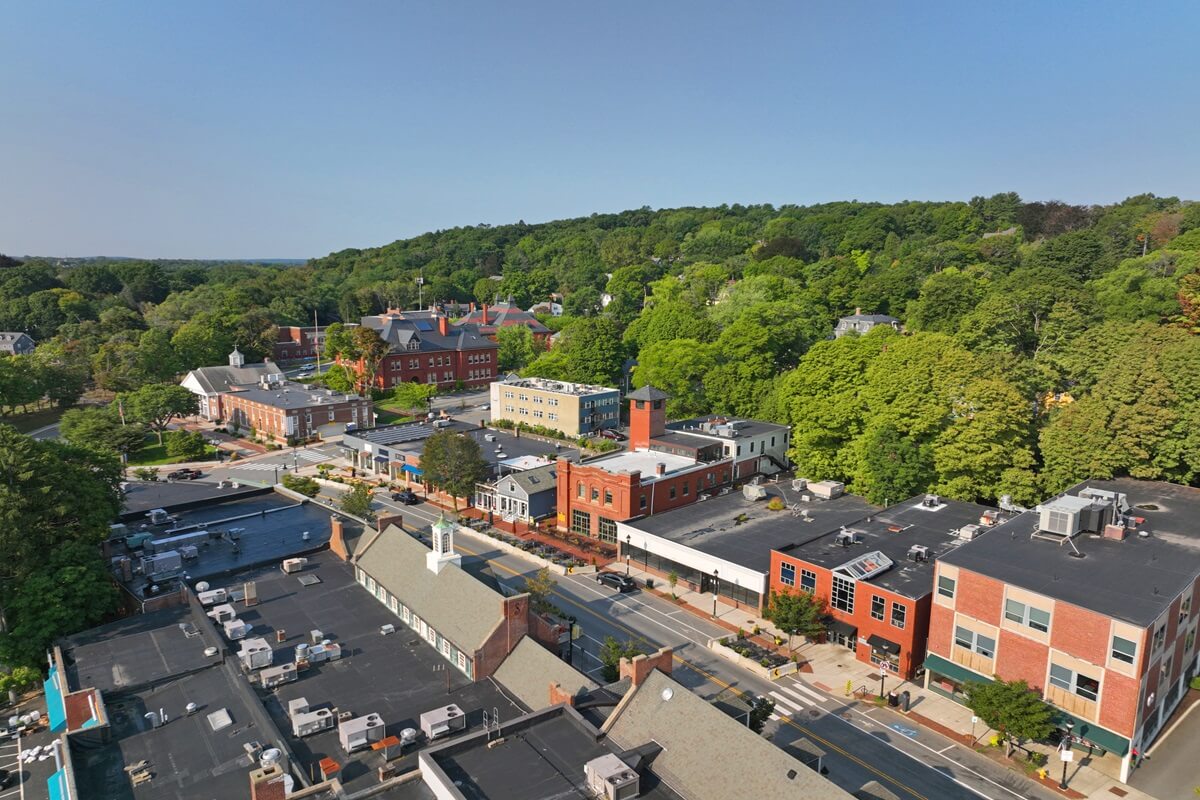 Belmont commercial center leonard street aerial view in historic center of Belmont