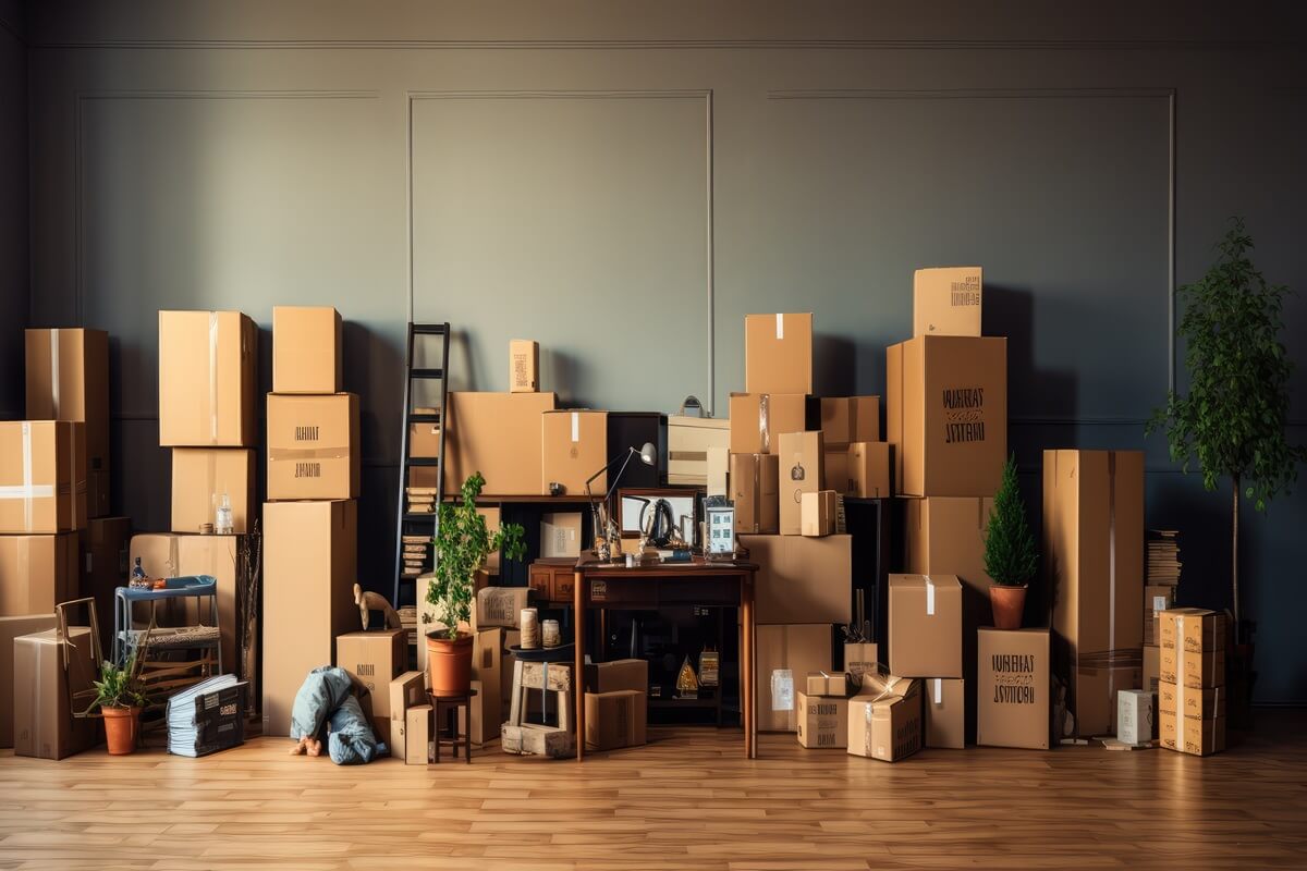 Cardboard boxes with various items in an empty room