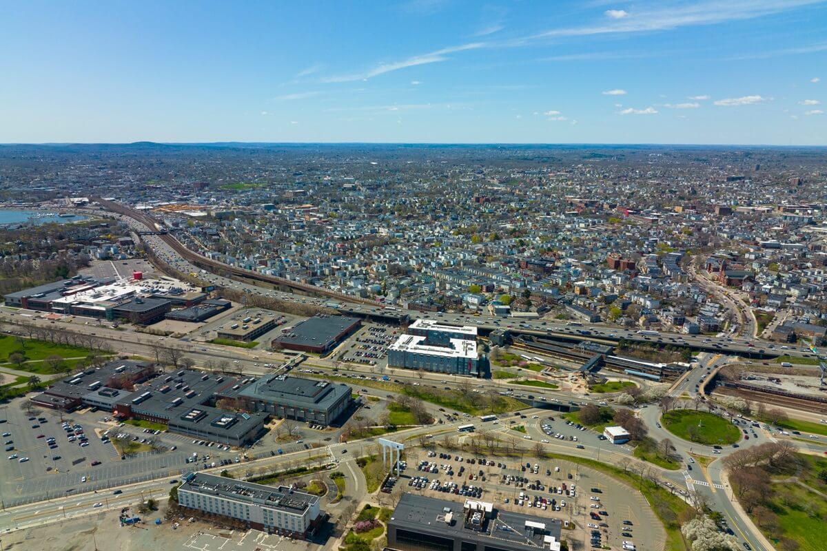 Dorchester historic district and Interstate Highway 93 aerial view in spring from South Boston Massachusetts MA USA