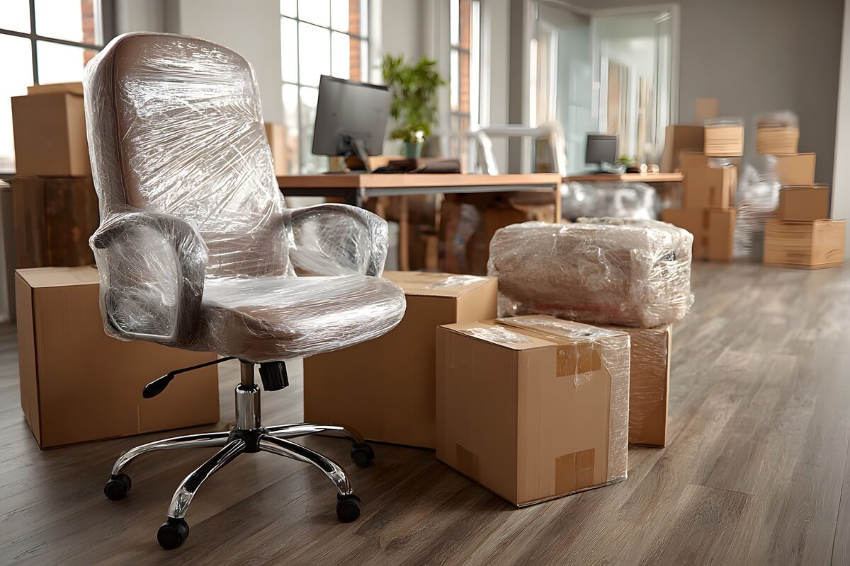 Interior of office with desk boxes and wrapped chairs in stretch film on moving day