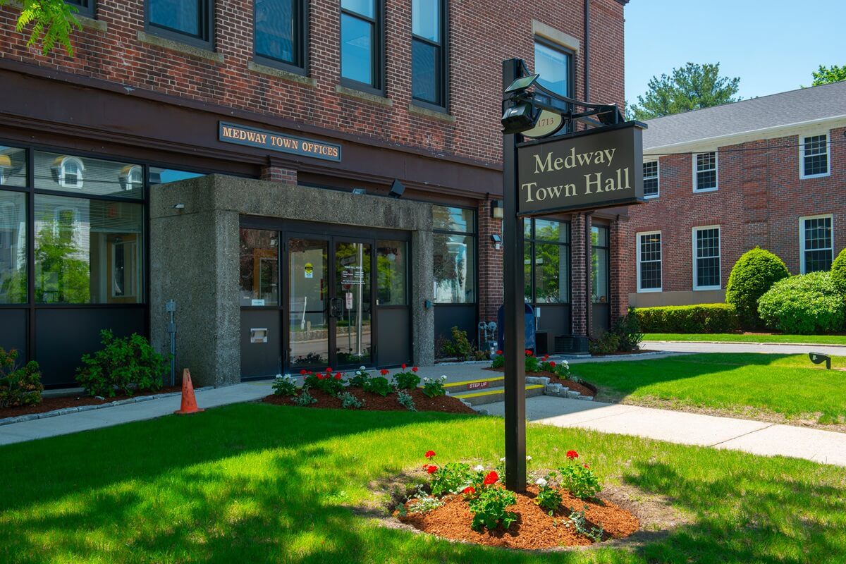 Medway town hall on village street at the town center of Medway Massachusetts