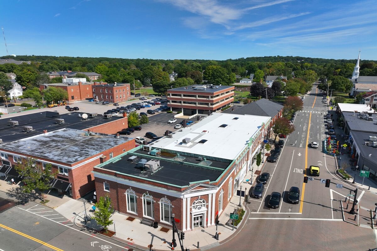 Needham historic town center aerial view on highland avenue and great plain avenue Needham Massachusetts