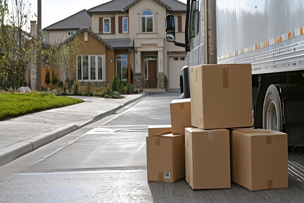 Professional movers transporting boxes and belongings into a new home