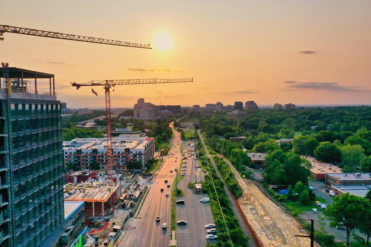 Reston Virginia urban skyline and construction at sunset