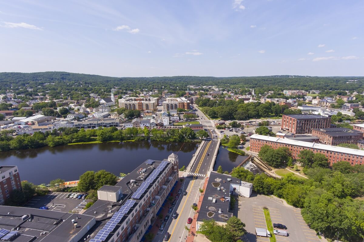 Waltham historic city center aerial view in city of Waltham Massachusetts