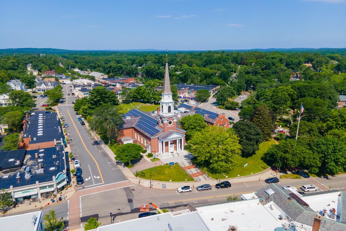 Wellesley congregational church and central street in town center of Wellesley Massachusetts