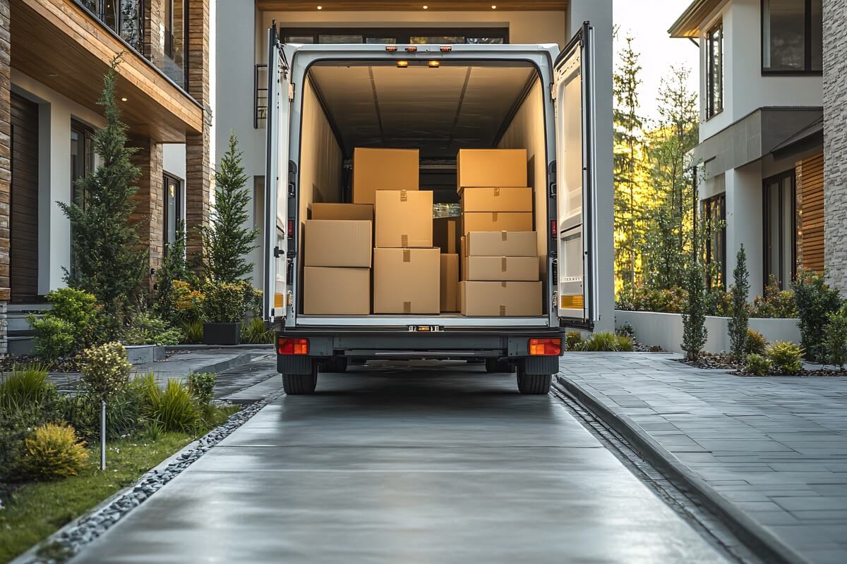 a moving truck in a residential driveway, loaded with stacked furniture and boxes