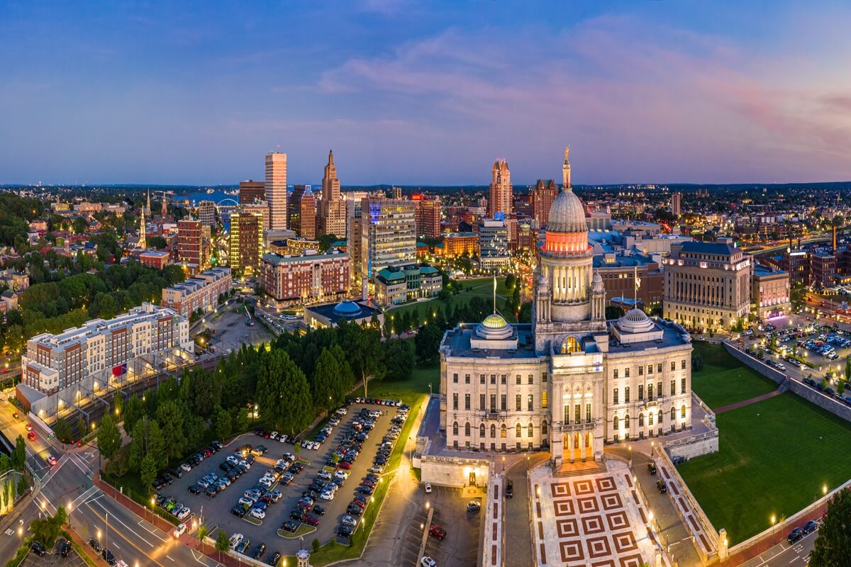 aerial panorama of Providence skyline and Rhode Island Capitol building at dusk