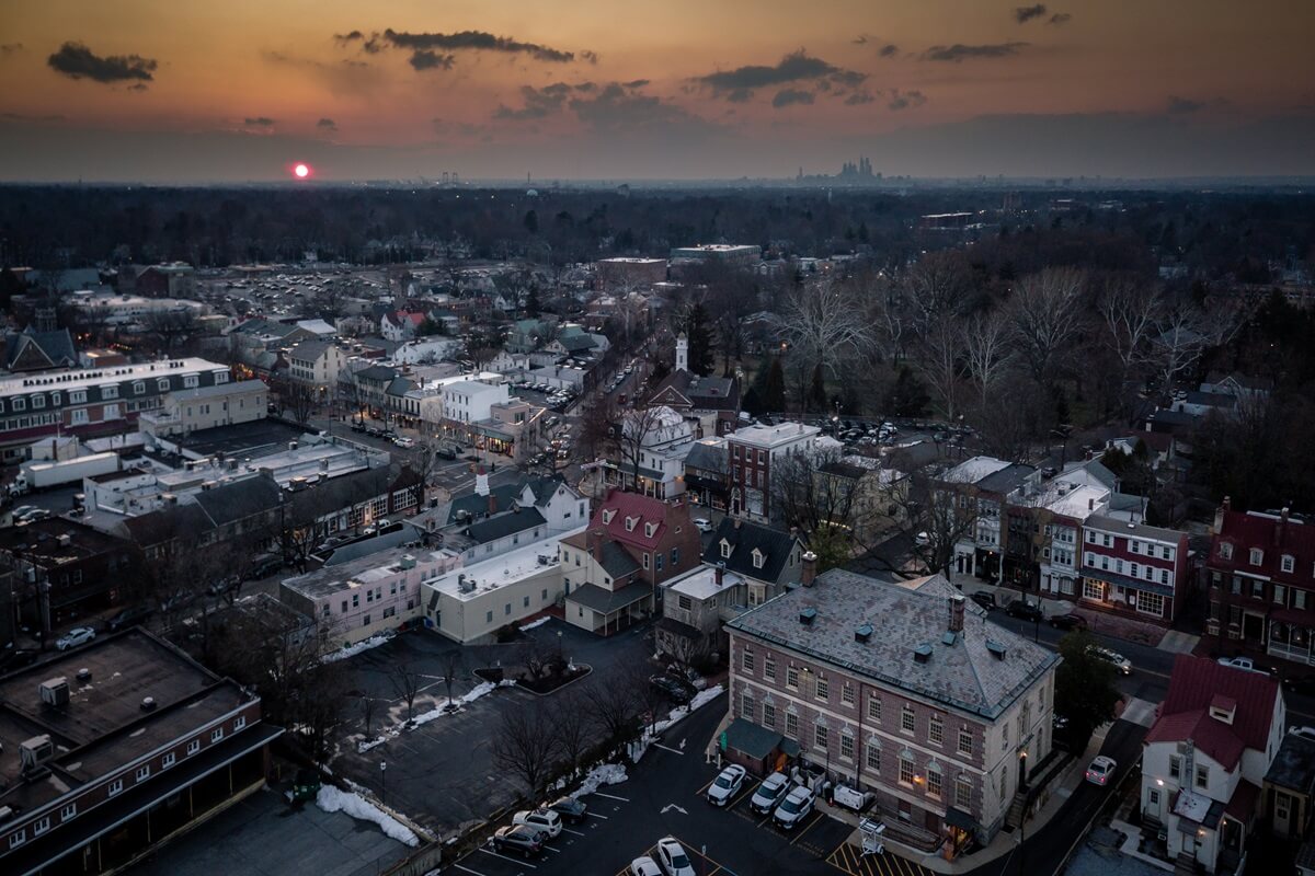 aerial sunset in Haddonfield, New Jersey
