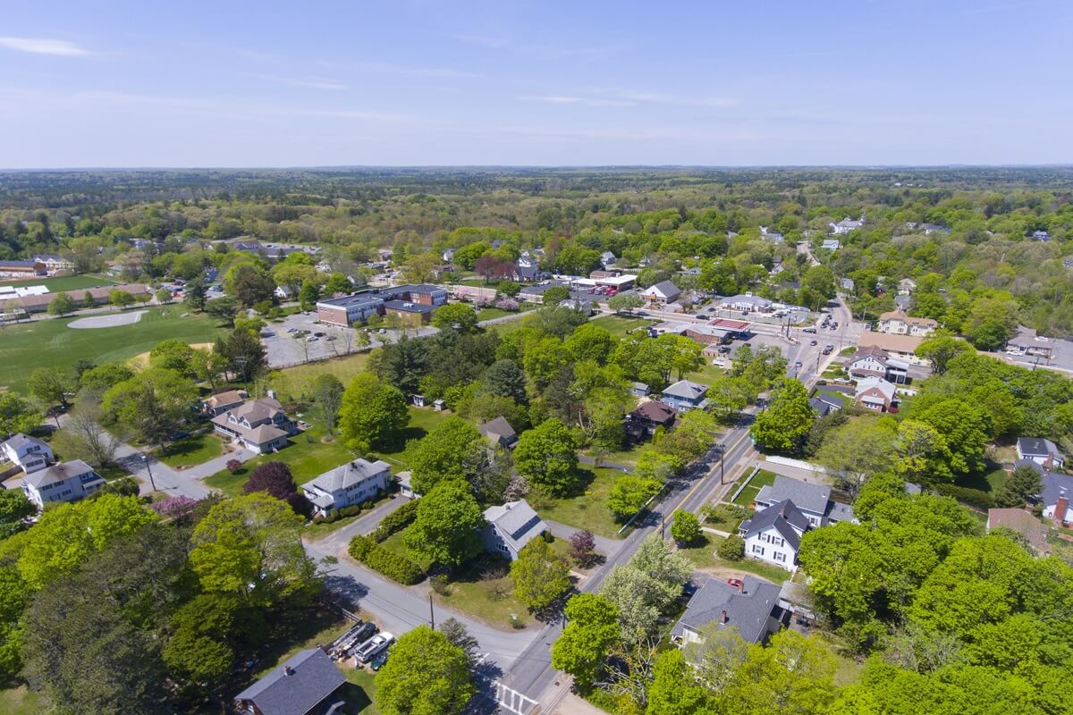 aerial view of Millis historic town center and main street in spring Millis Massachusetts