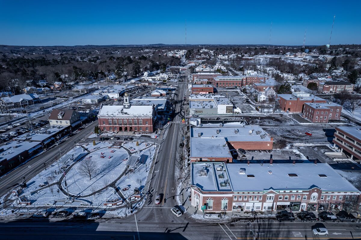 aerial view of Needham Massachusetts in winter