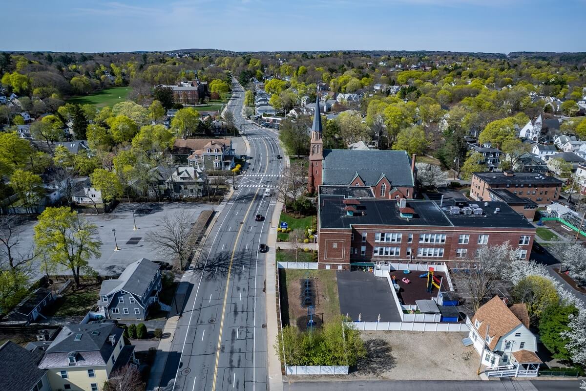 aerial view of Newton Massachusetts in spring