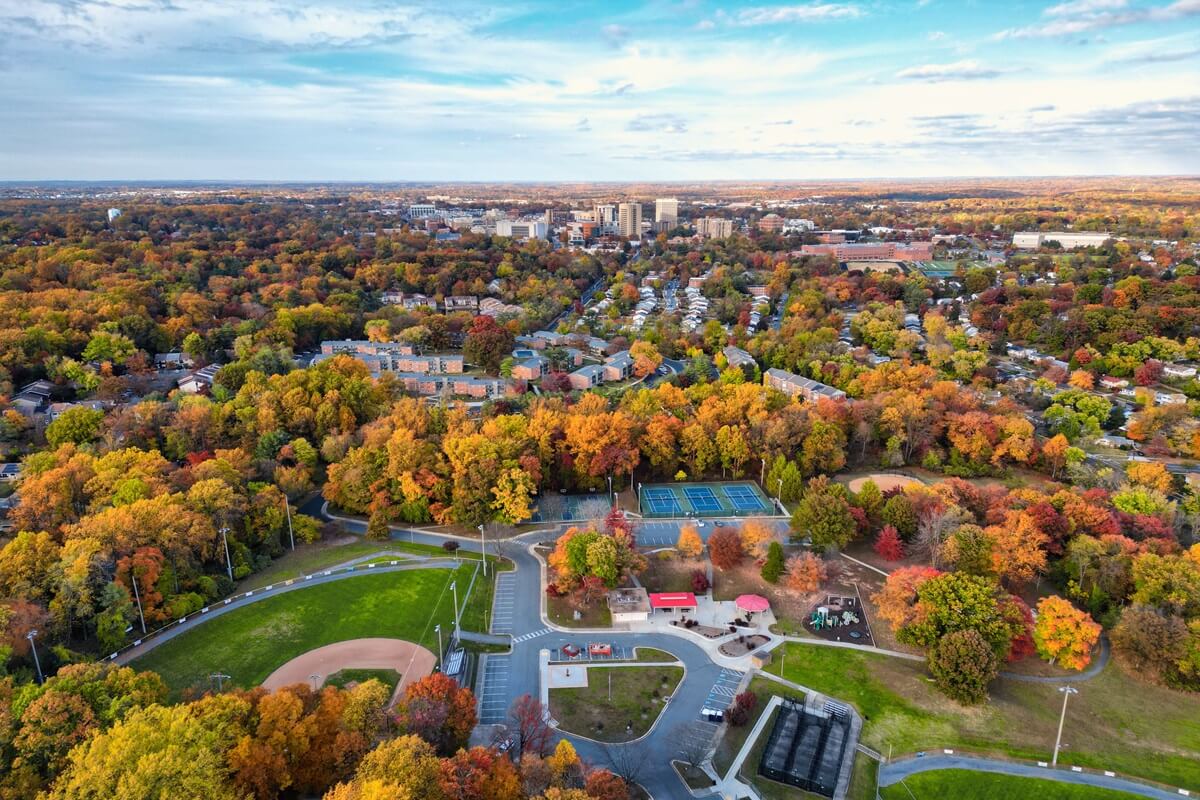 aerial view of city park and neighborhood in Rockville Maryland