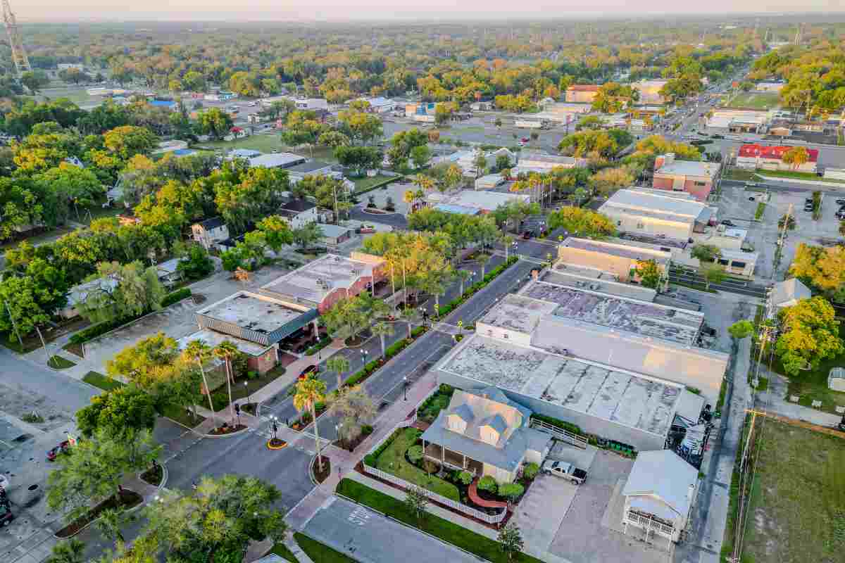 Aerial View of Downtown Zephyrhills Florida at Sunset