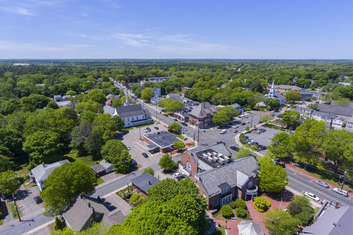aerial view of medfield historic town center and main street in summer Medfield Massachusetts