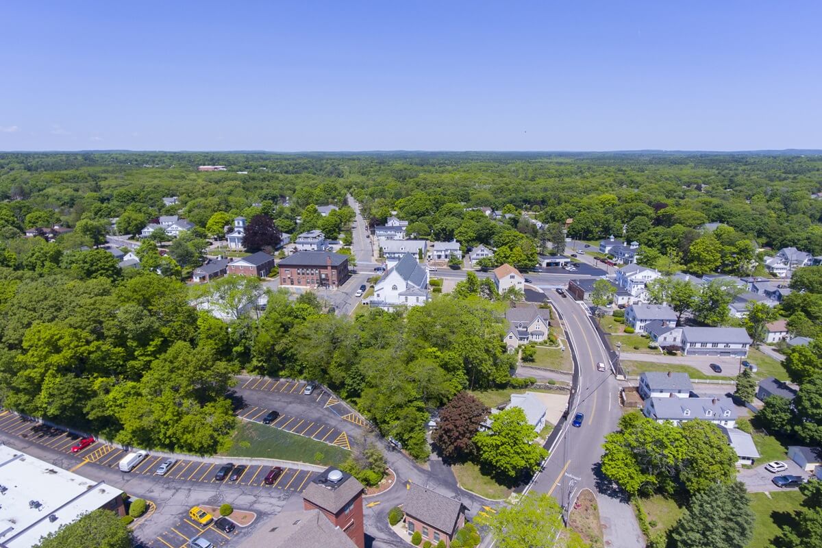 aerial view of medway historic town center and village street in summer Medway Massachusetts