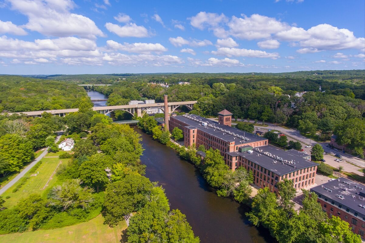 ashton mill and george washington bridge aerial view at blackstone river between town of Cumberland and lincoln Rhode