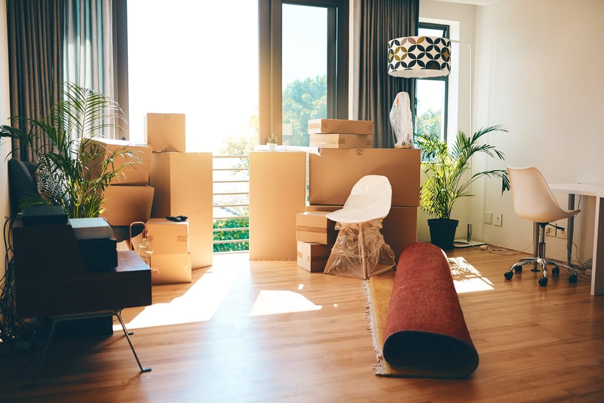 boxes, furniture and empty home or modern apartment with property