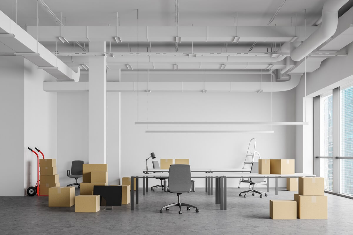 boxes in open space office moving concept