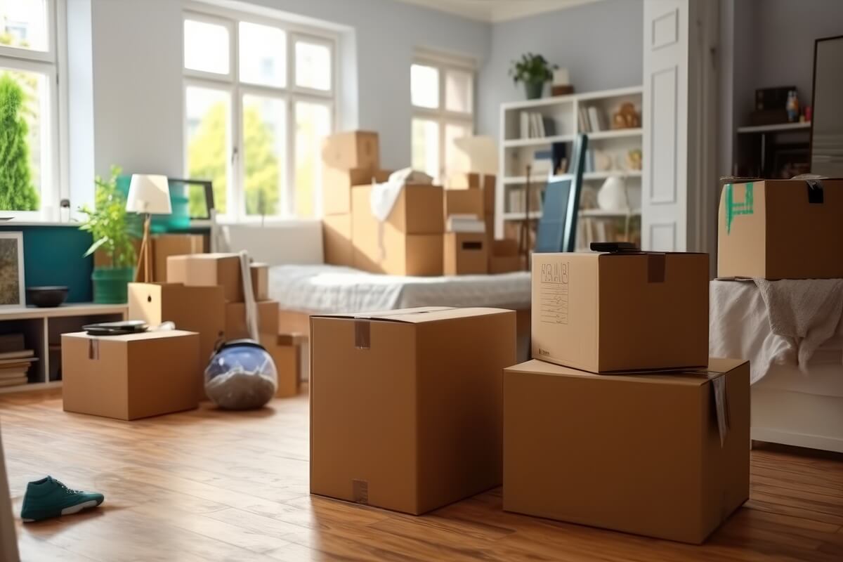 cardboard boxes in dorm room on moving day, unpacking cardboard boxes