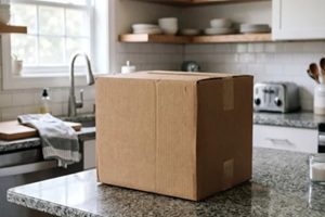 cardboard moving box placed on a granite kitchen countertop with a sink and window in the background