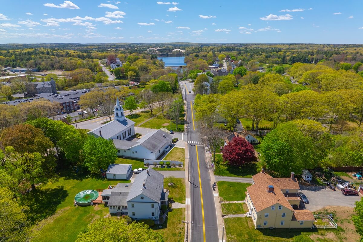 congregational church aerial view on village green in historic village of slatersville town in Smithfield Rhode Island