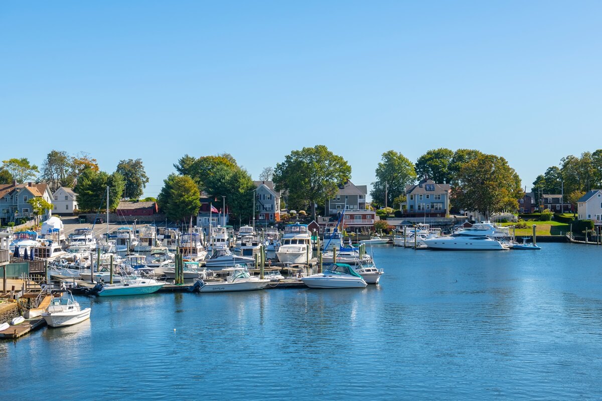cove marina and yachts on pawtuxet river mouth to providence river in fall in pawtuxet village between city of Cranston and warwick Rhode Island