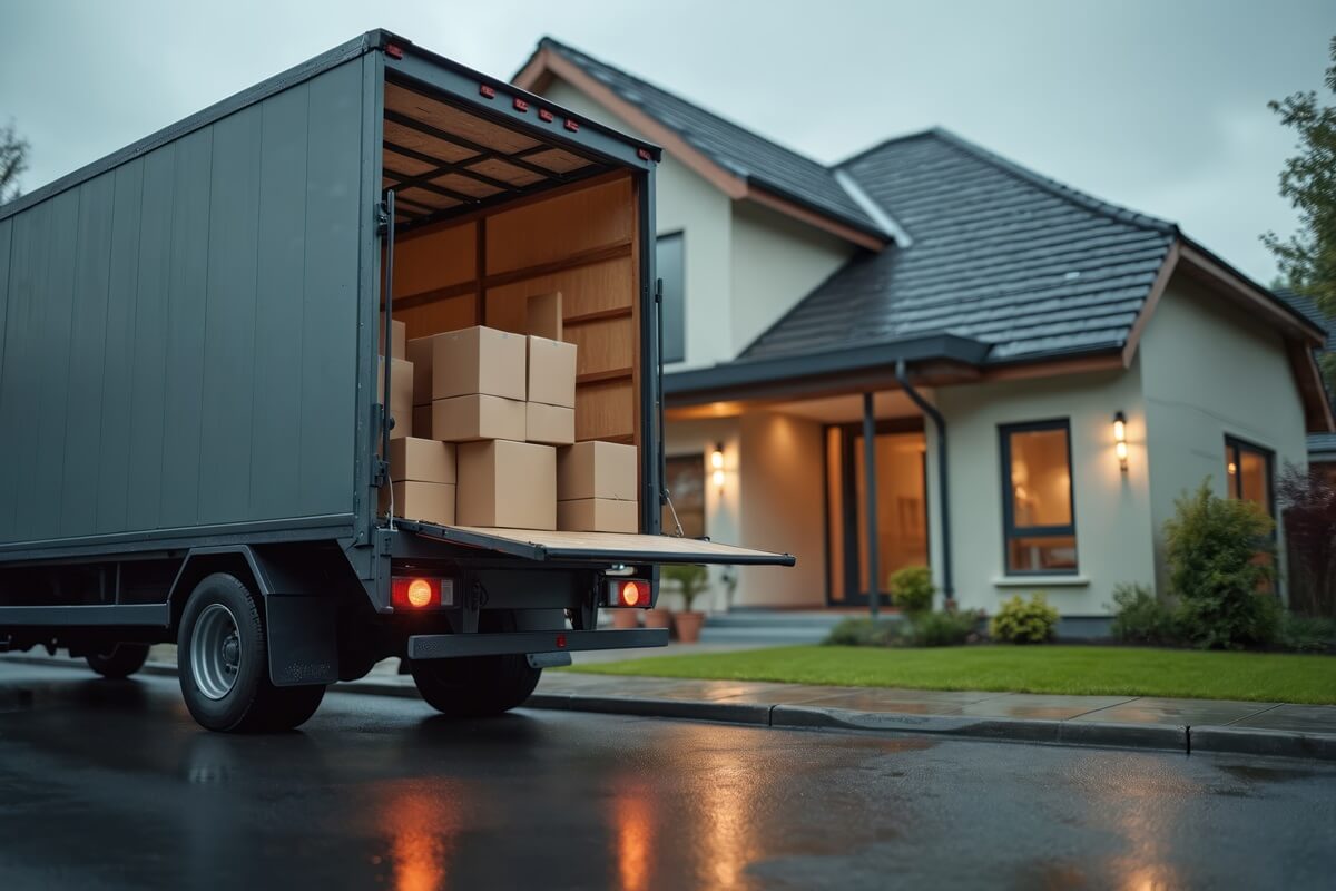 delivery truck unloads boxes near modern home on rainy day
