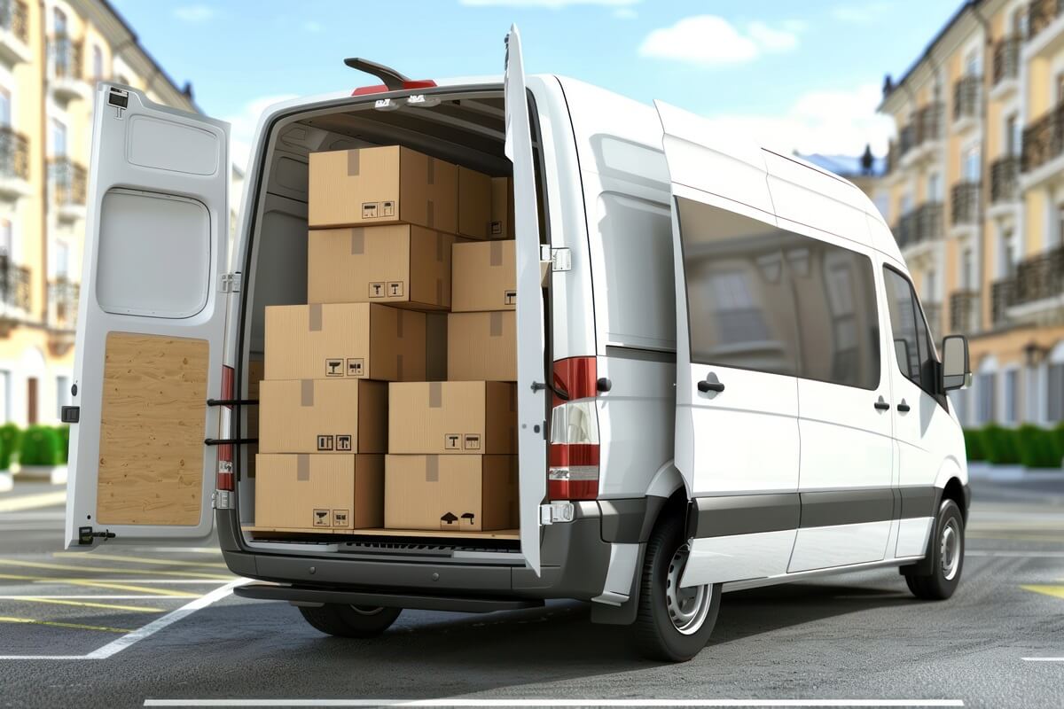 delivery van with open doors loaded with cardboard boxes