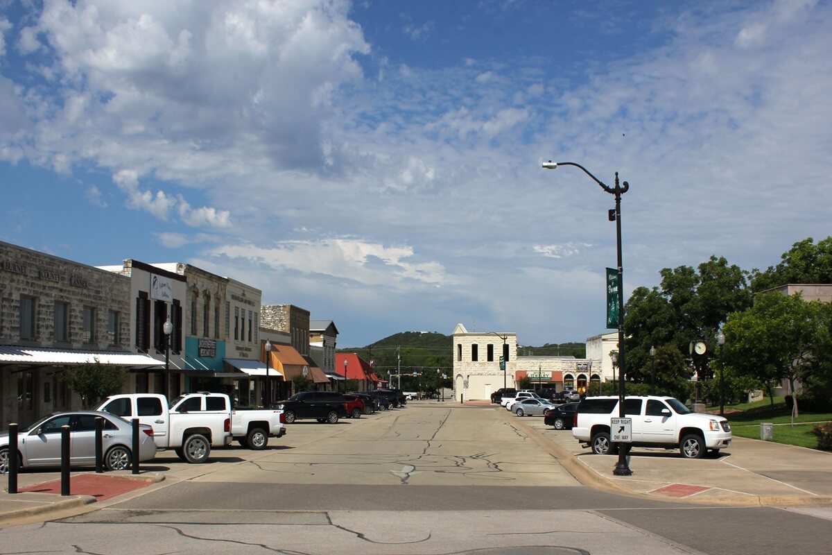 historic downtown Burnet Texas with courthouse and shops on town square