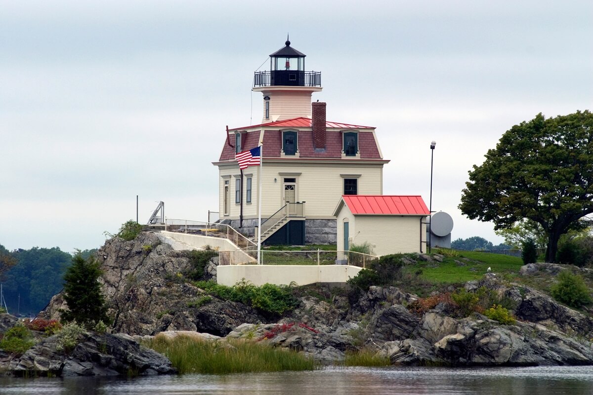 historic pomham rock lighthouse on cloudy day in East Providence Rhode Island