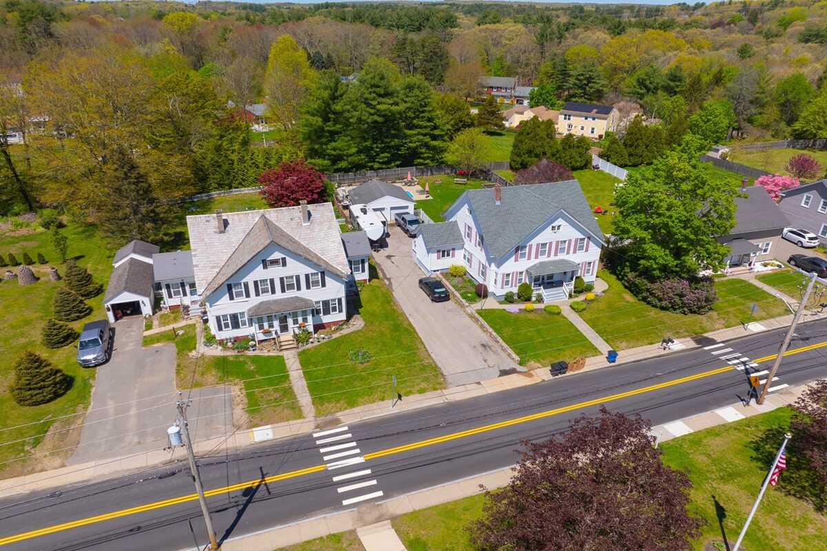 historic residential houses aerial view on greene street in historic village of slatersville in Smithfield Rhode Island