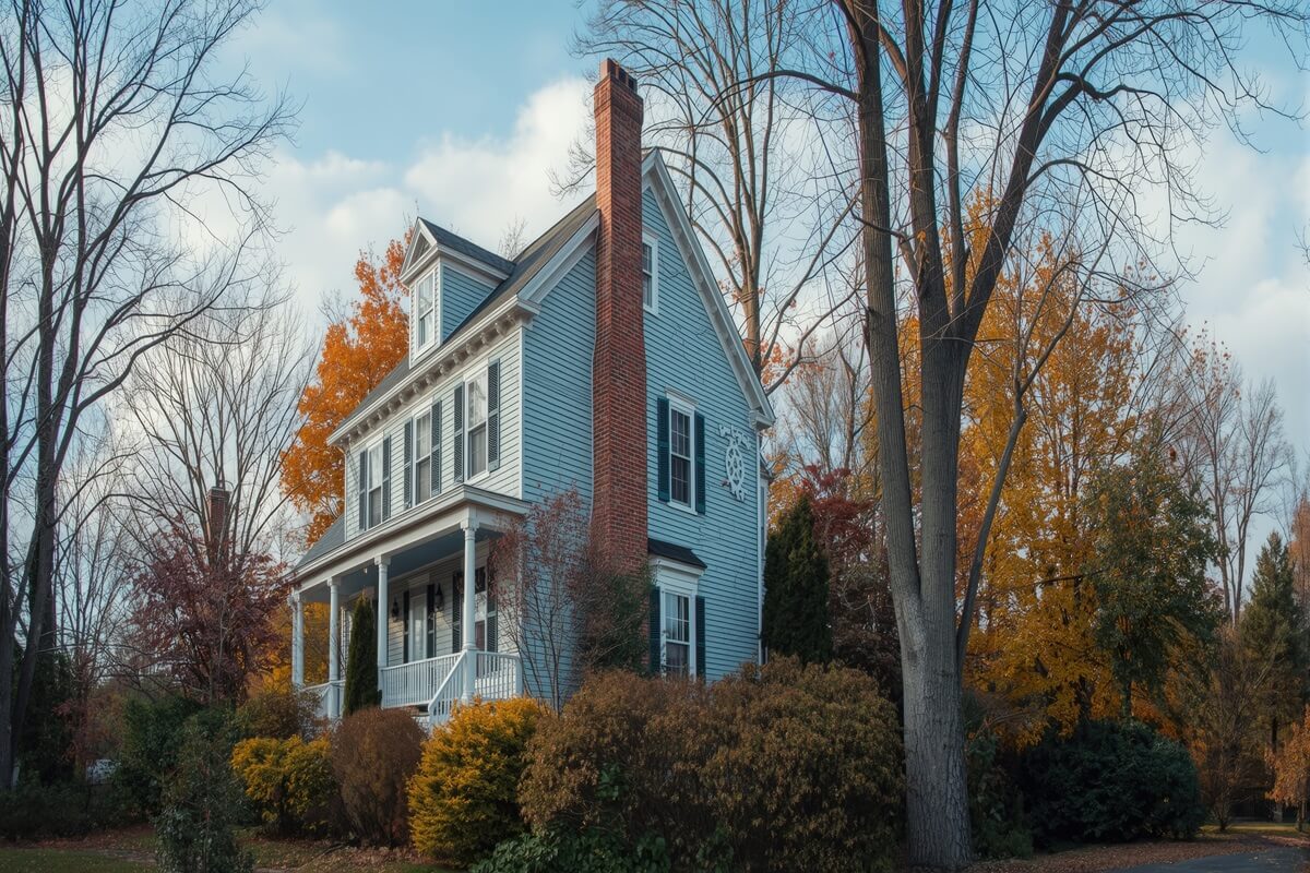 lovely two story family residence surrounded by fall foliage in Brighton Massachusetts USA