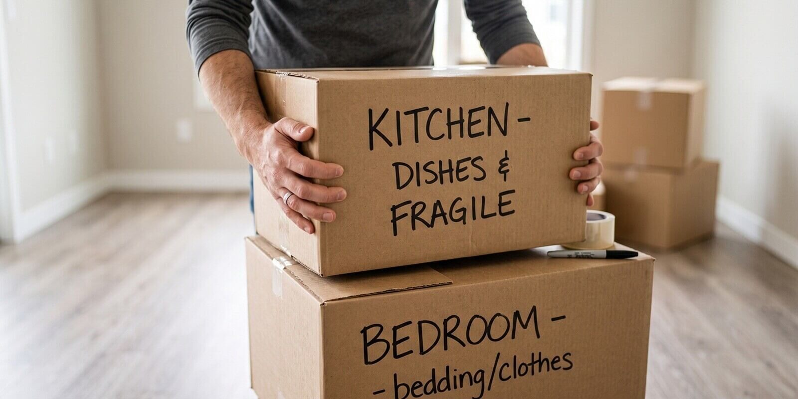 man carrying stacked cardboard boxes labeled kitchen dishes for moving house