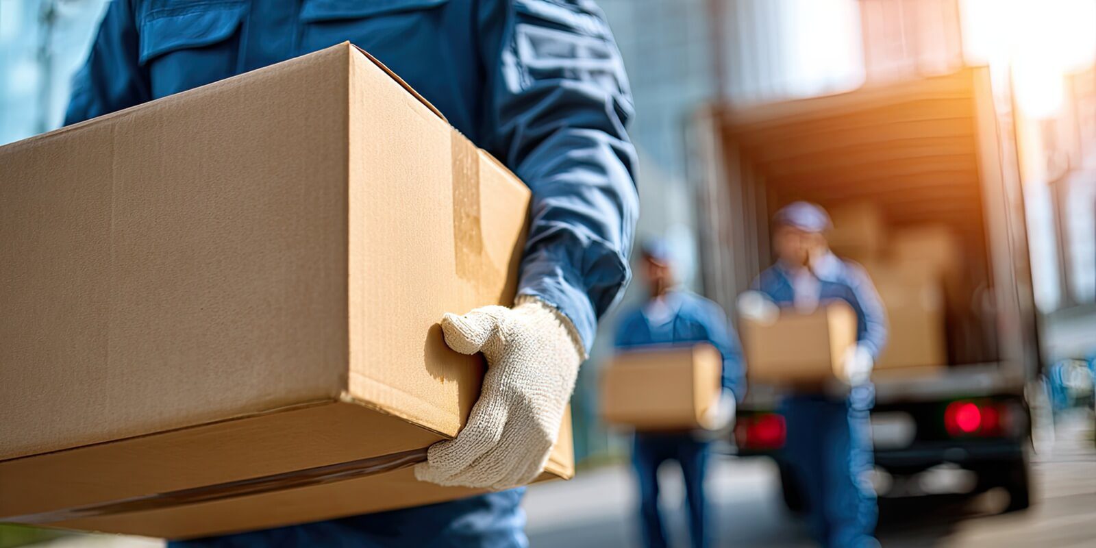 movers carry boxes from truck, sunlight glints off buildings and vehicles