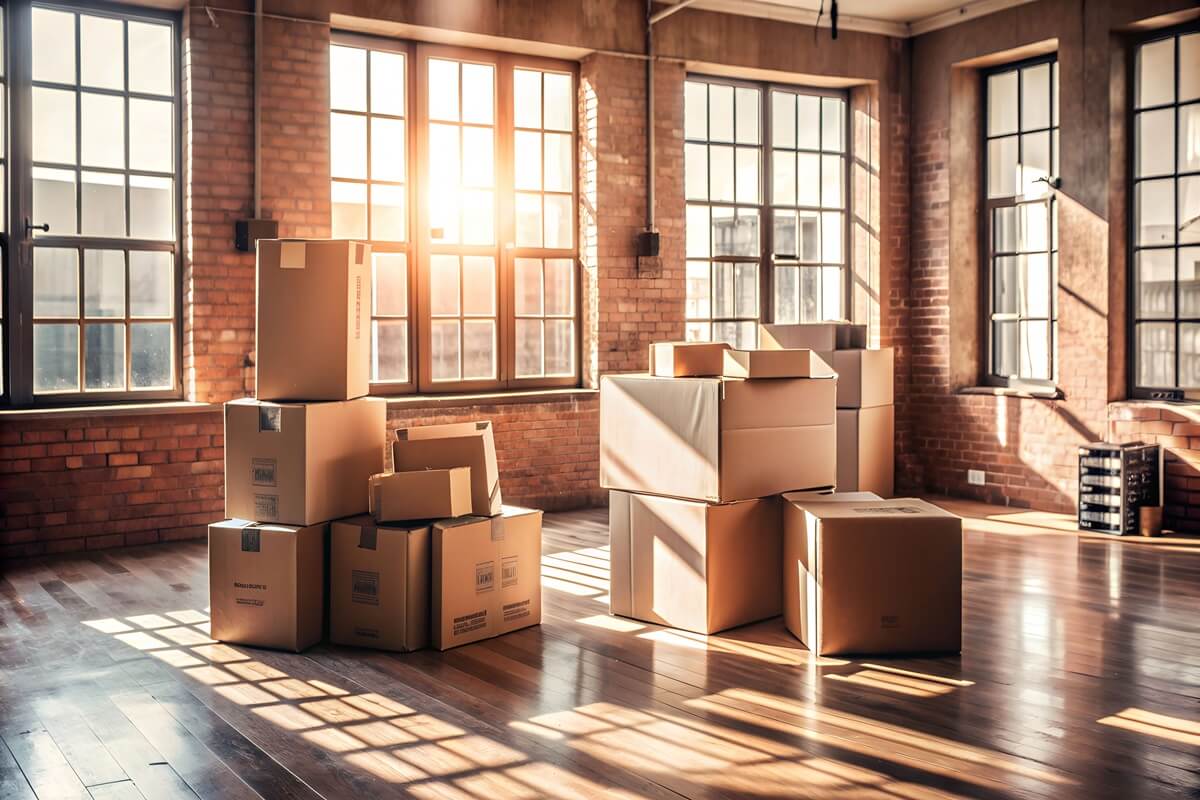 moving boxes with various household items inside with copy space