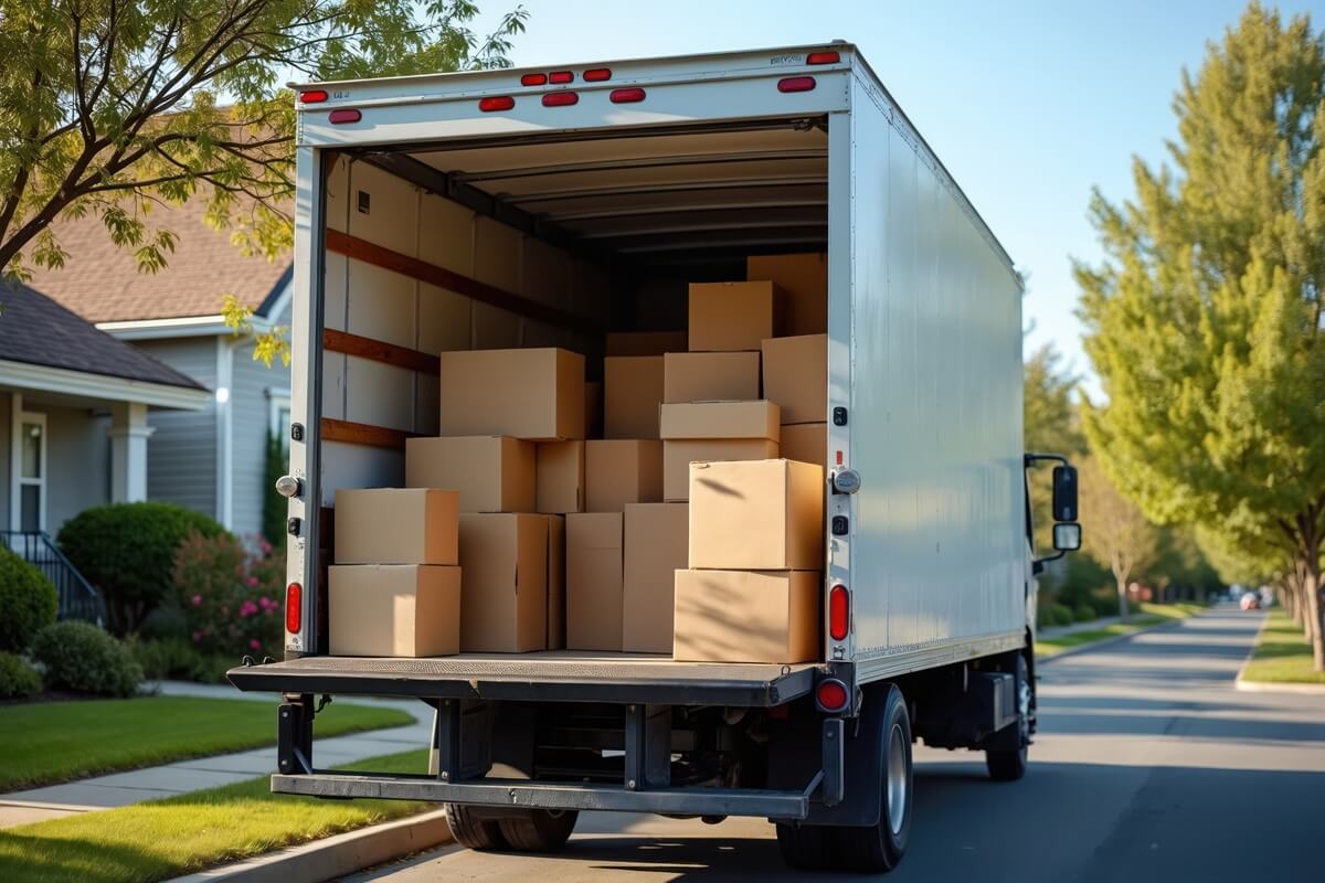 moving truck filled with cardboard boxes ready for home relocation or delivery service