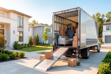 moving truck unloading boxes and furniture at a modern suburban home
