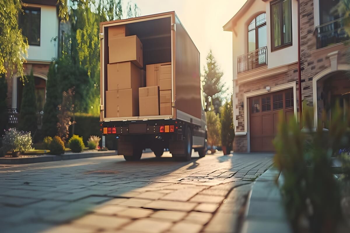 moving truck unloading boxes and furniture near house for relocation