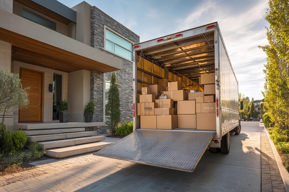 moving truck unloading boxes at a modern house during golden hour in a suburban area