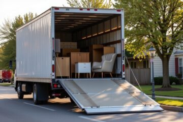 moving truck unloading furniture on a residential street surrounded by trees