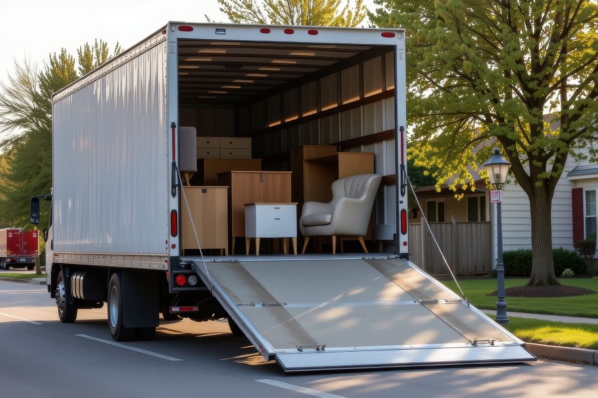 moving truck unloading furniture on a residential street surrounded by trees