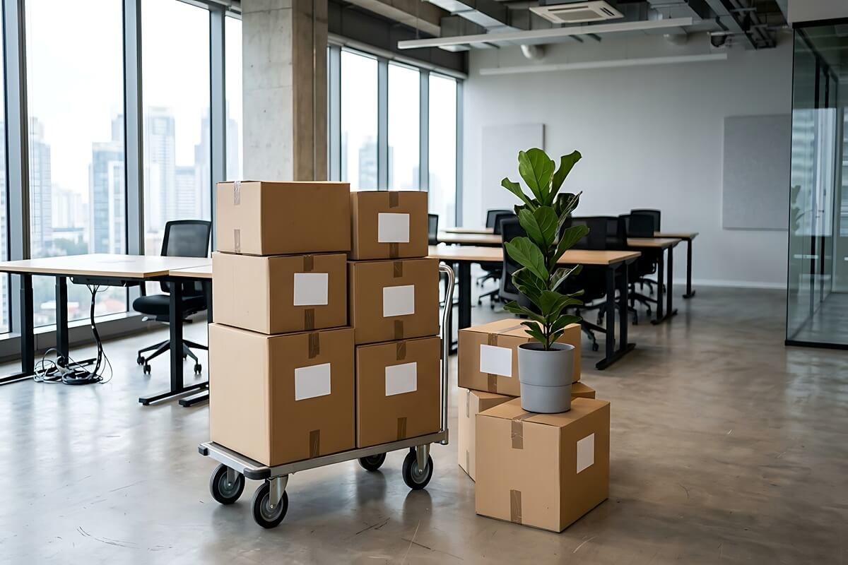 office moving with cardboard boxes