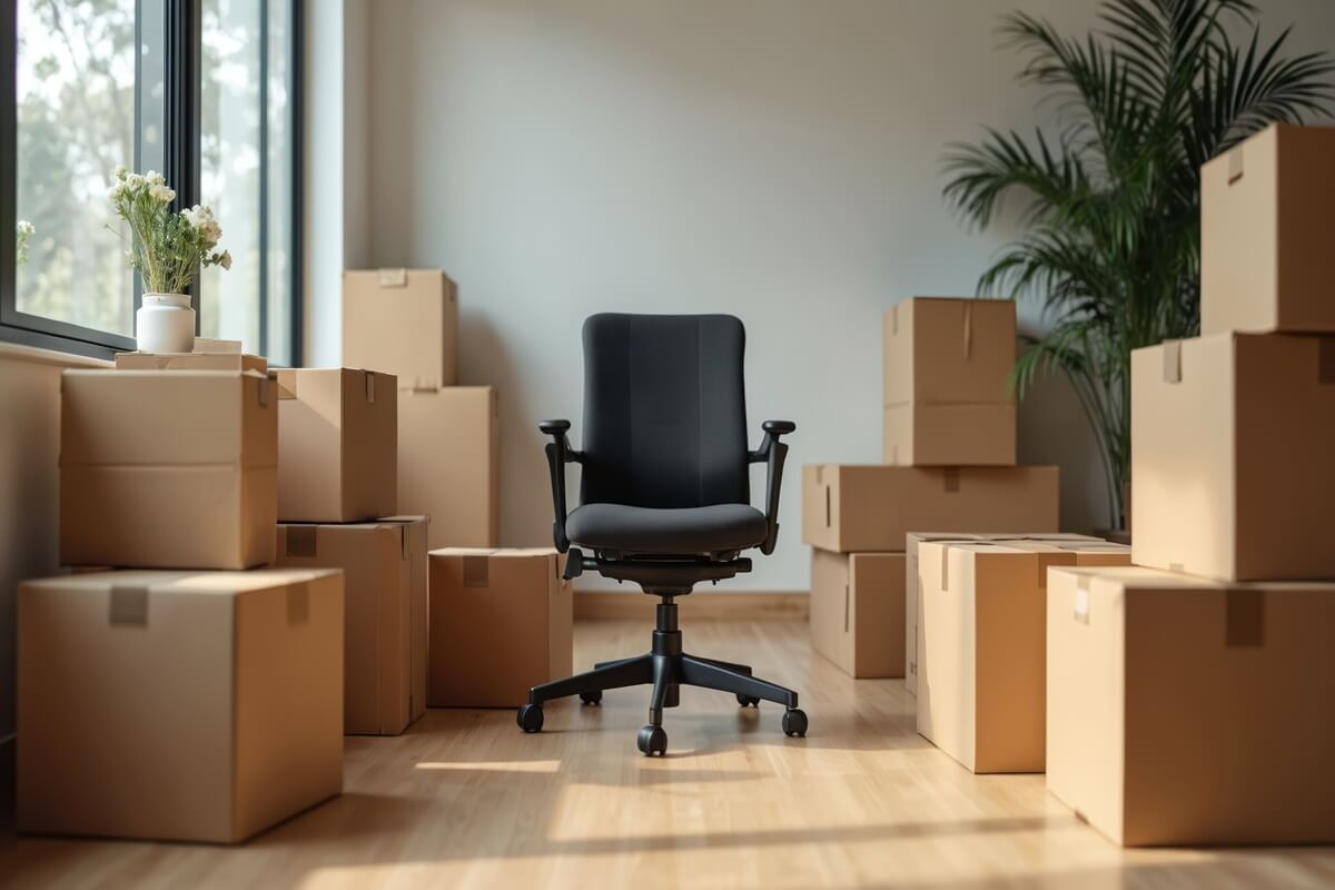 office relocation concept, black office chair in empty room, cardboard boxes stacked ready to move