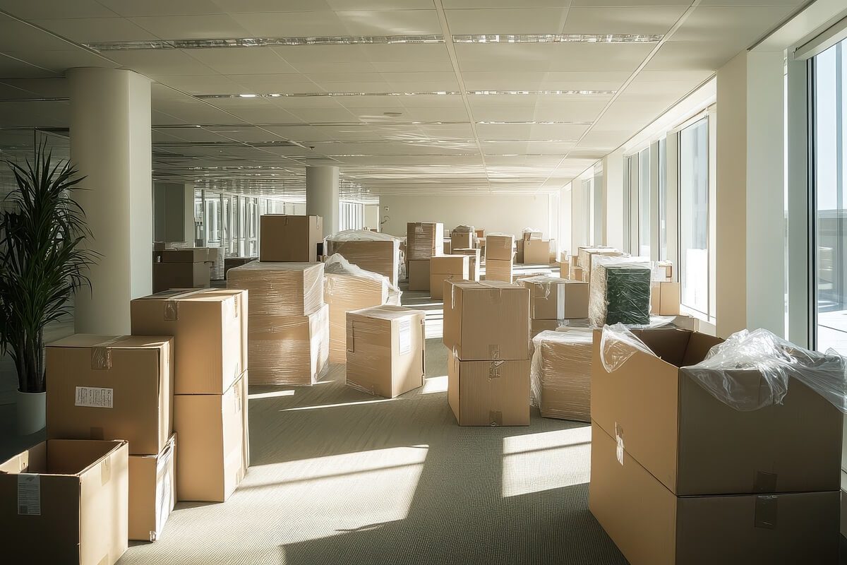 office space filled with moving boxes