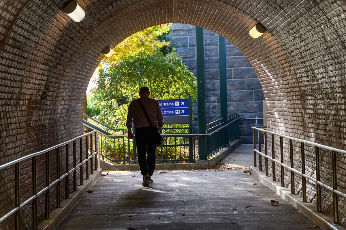 passenger walking through tunnel at Malvern train station in Pennsylvania