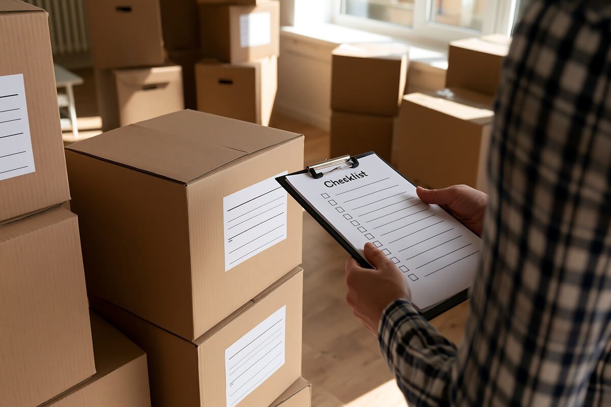 person checking moving checklist with cardboard boxes
