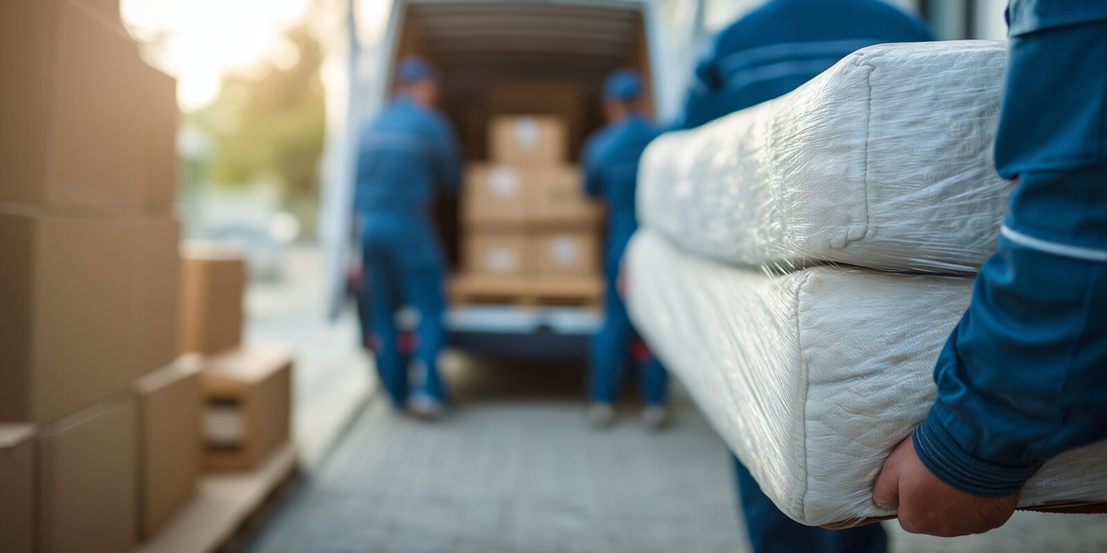 professional movers carrying a wrapped mattress to a delivery van